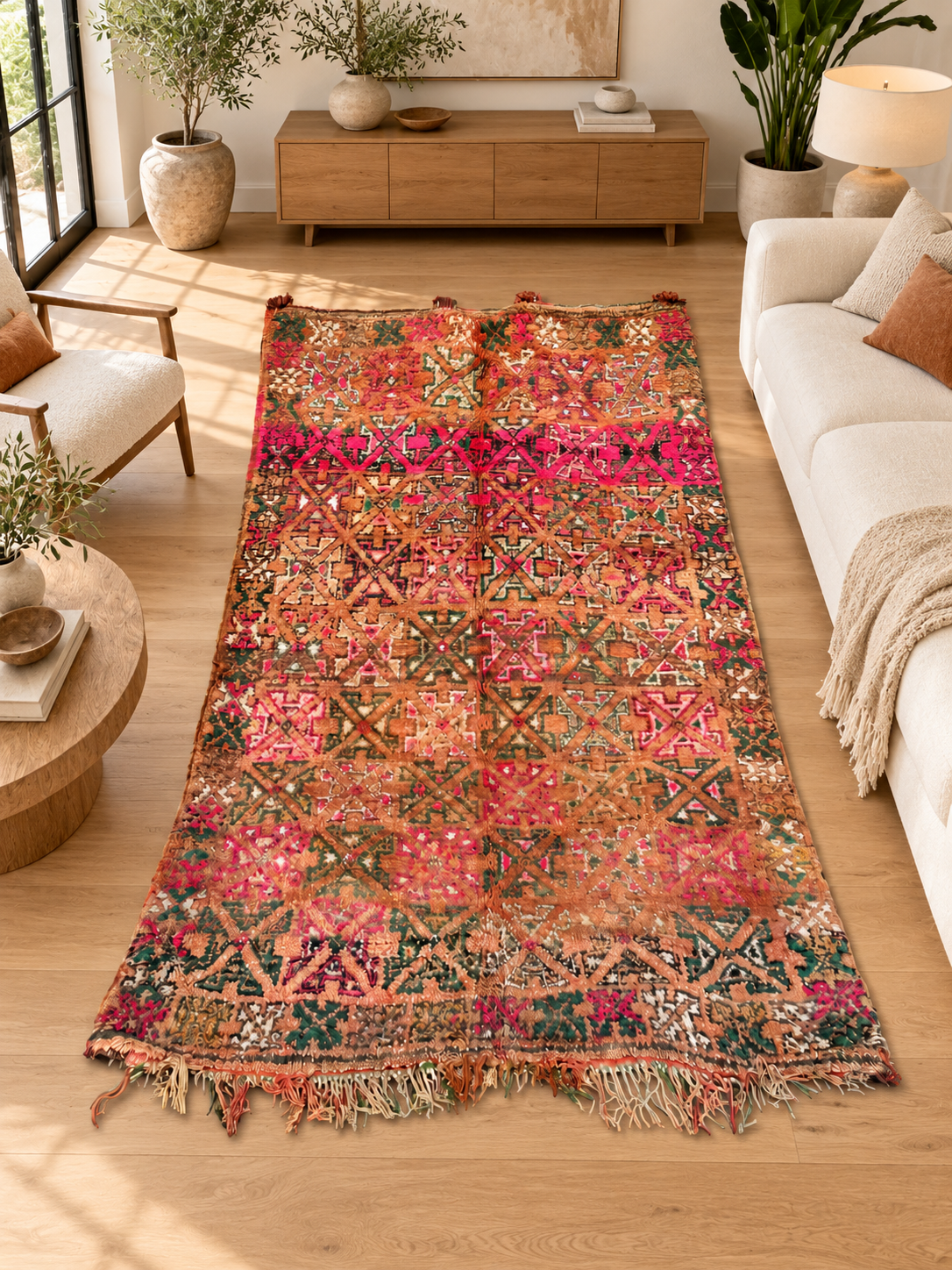 AI-generated room inspiration: Pink Vintage Moroccan Rug with Dense Geometric Pattern, 320 × 190 cm.