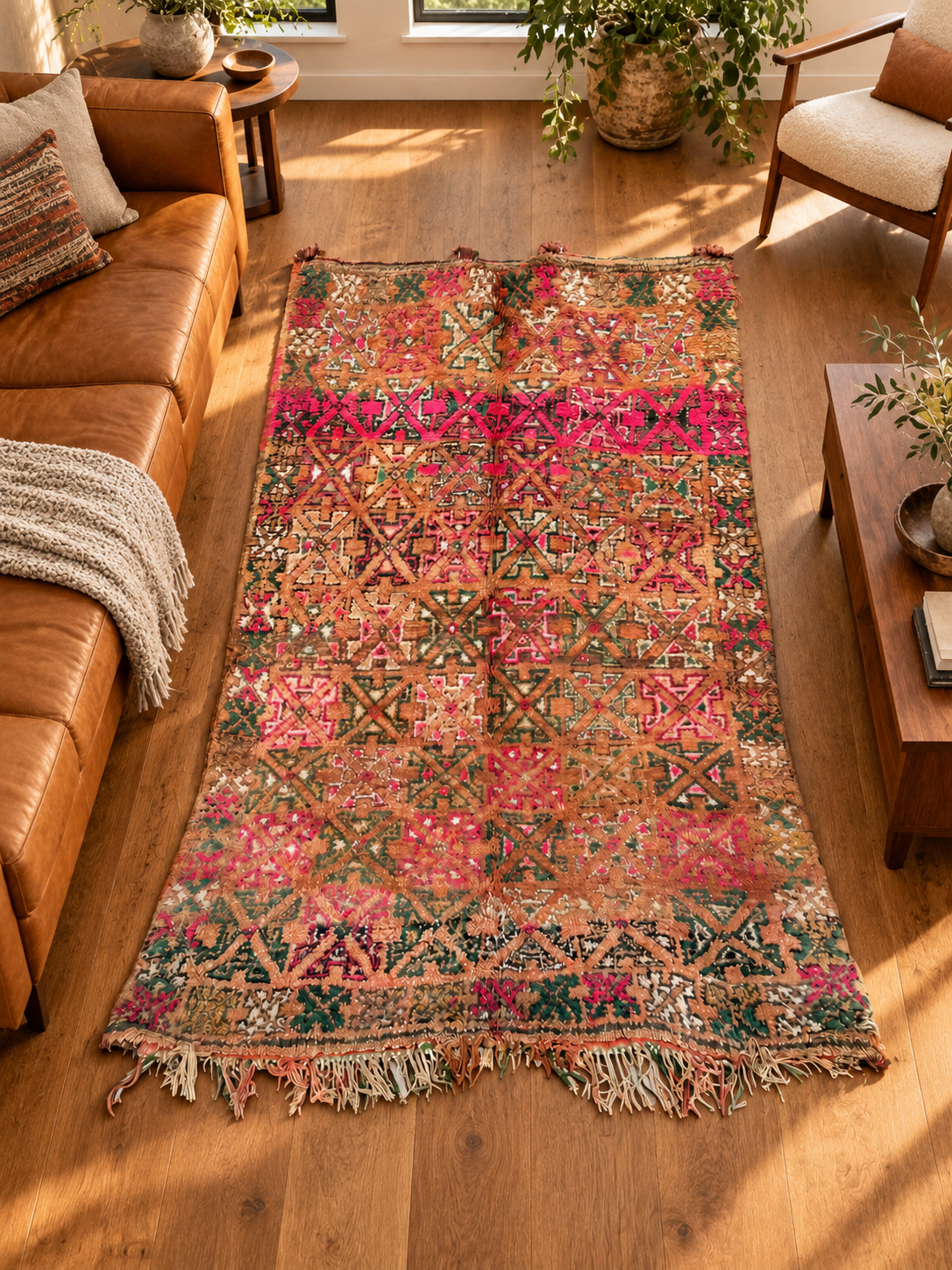 AI-generated room inspiration: Pink Vintage Moroccan Rug with Dense Geometric Pattern, 320 × 190 cm.