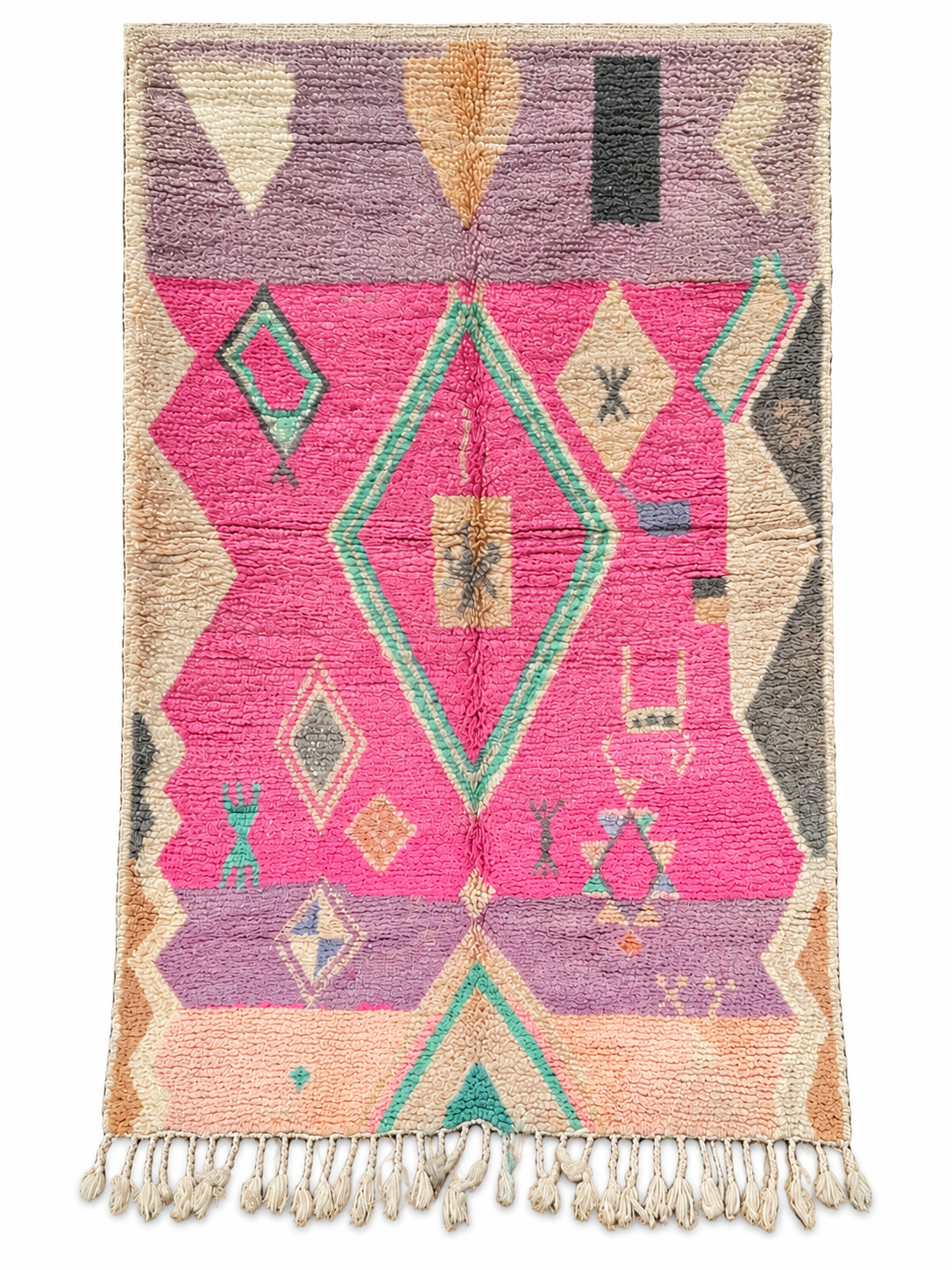 Pink Vintage Moroccan Rug with Large Green Diamond, 245 × 150 cm.