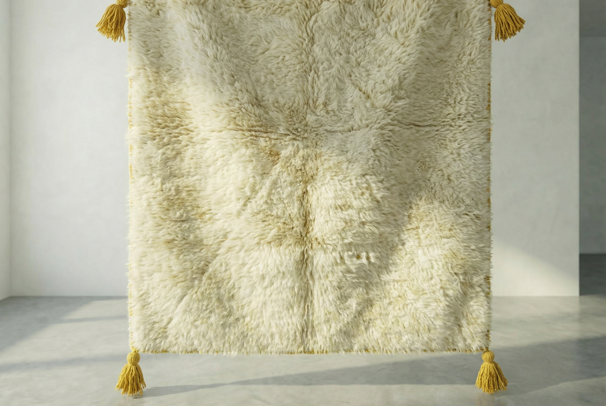 Detail of Moroccan wool rug, natural cream ground with a simple geometric design