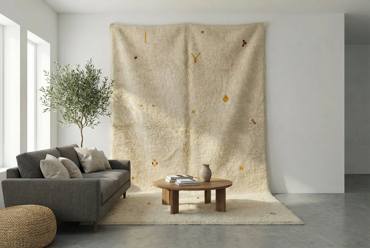 Moroccan wool rug, small yellow, orange and red motifs on a cream wool ground in a living room setting