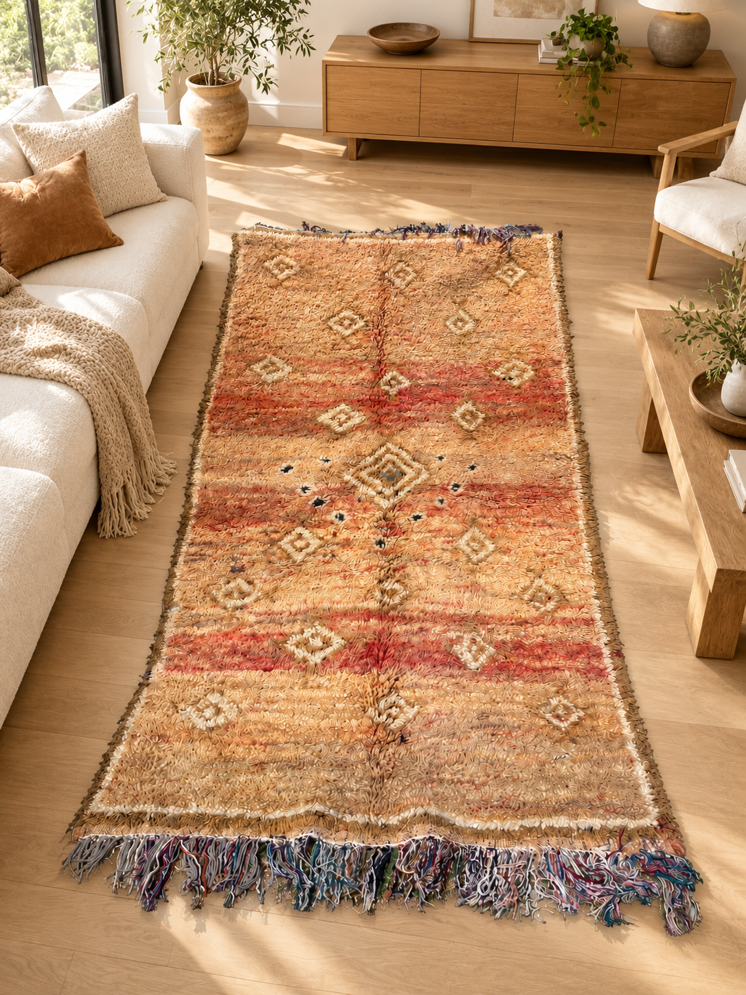 AI-generated room inspiration: Beige and Rust Vintage Moroccan Rug with Small Diamonds, 240 × 126 cm.