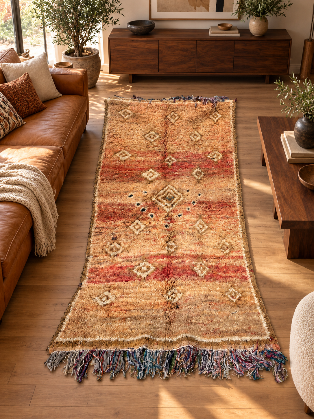 AI-generated room inspiration: Beige and Rust Vintage Moroccan Rug with Small Diamonds, 240 × 126 cm.