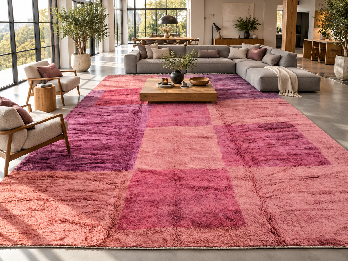 Room visualization featuring Multicolor Moroccan Rug with Large Color Blocks, 580 × 392 cm.
