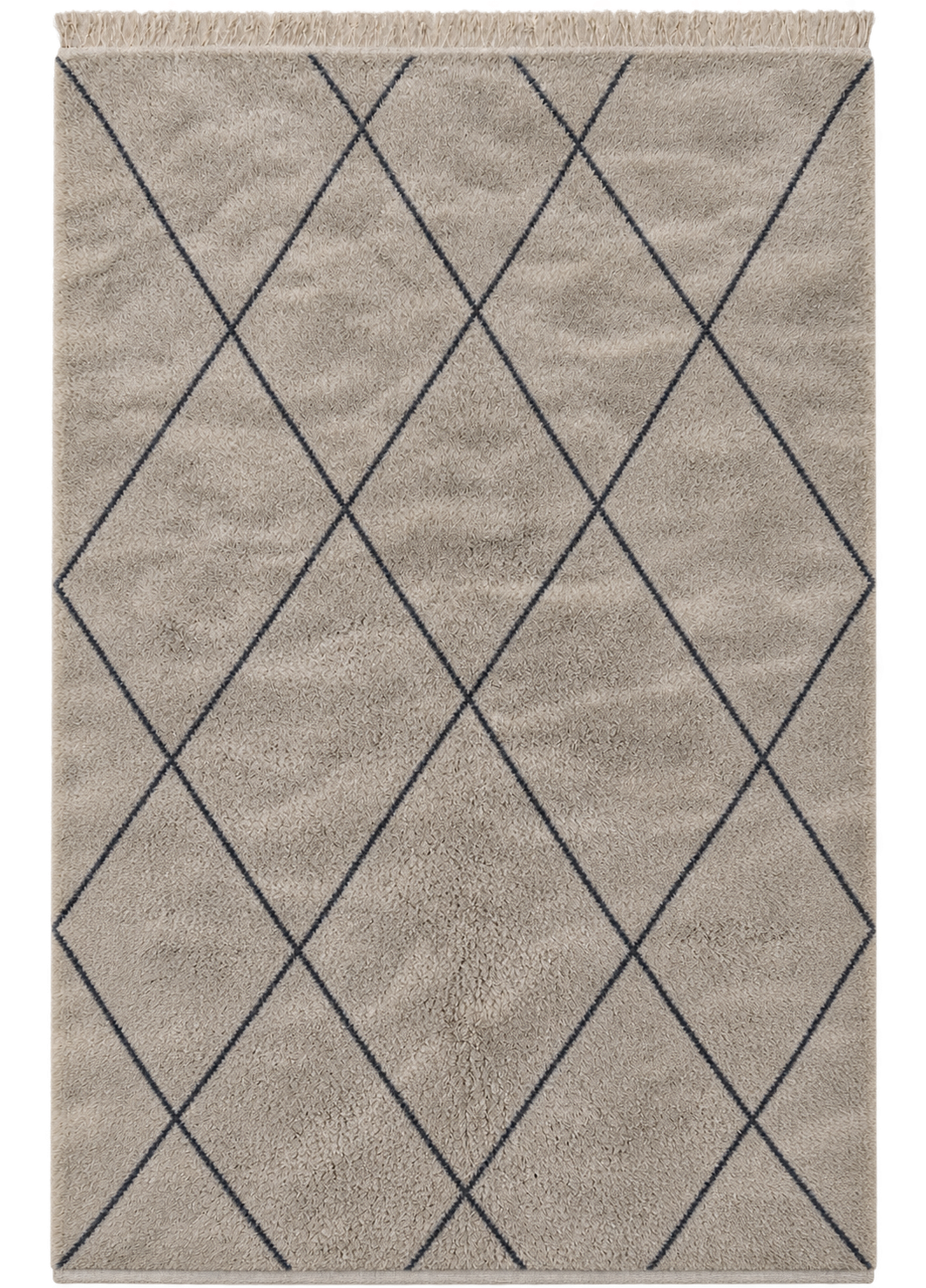 Full view of Taupe and Gray Moroccan Wool Rug with Diamonds, 320 × 230 cm.
