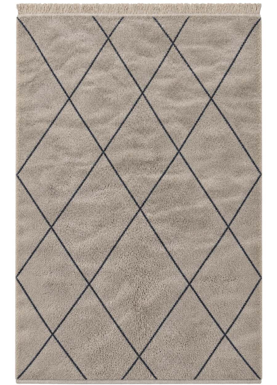 Full view of Taupe and Gray Moroccan Wool Rug with Diamonds, 320 × 230 cm.