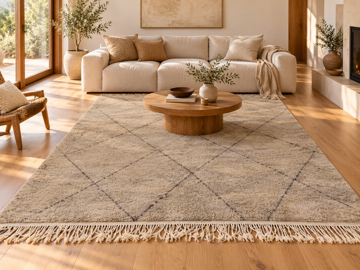 Room visualization featuring Taupe and Gray Moroccan Wool Rug with Diamonds, 320 × 230 cm.