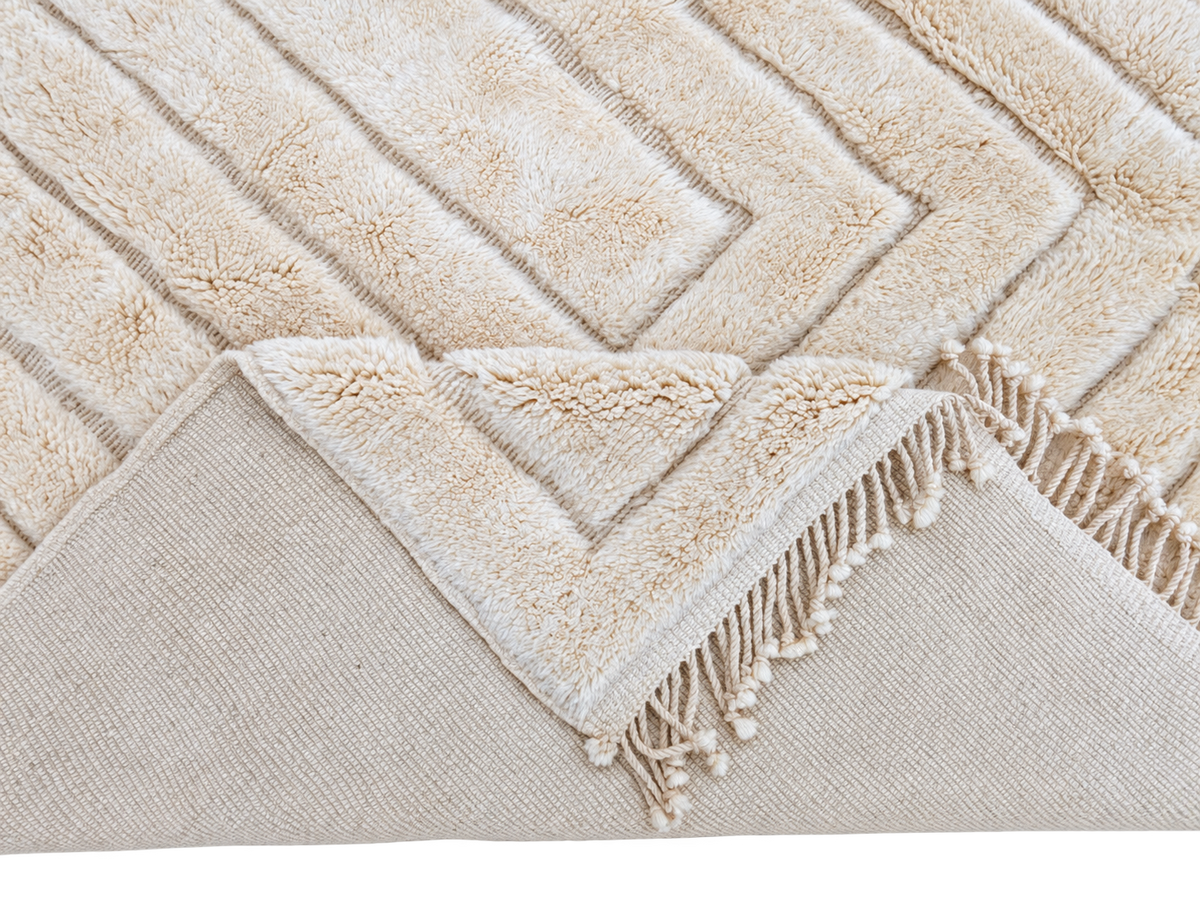 Detail of Natural White Mrirt Wool Rug with Rectangle Relief, 313 × 220 cm.