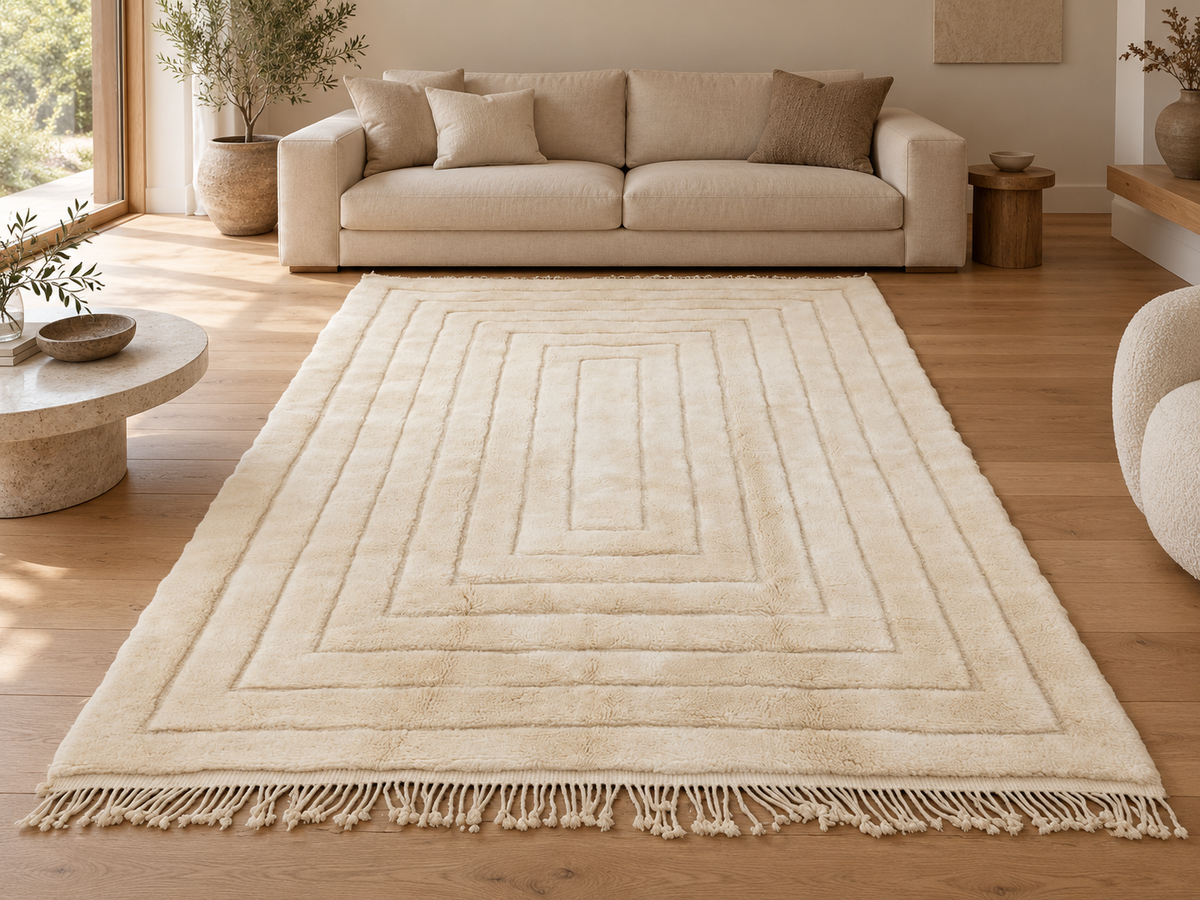 Room visualization featuring Natural White Mrirt Wool Rug with Rectangle Relief, 313 × 220 cm.