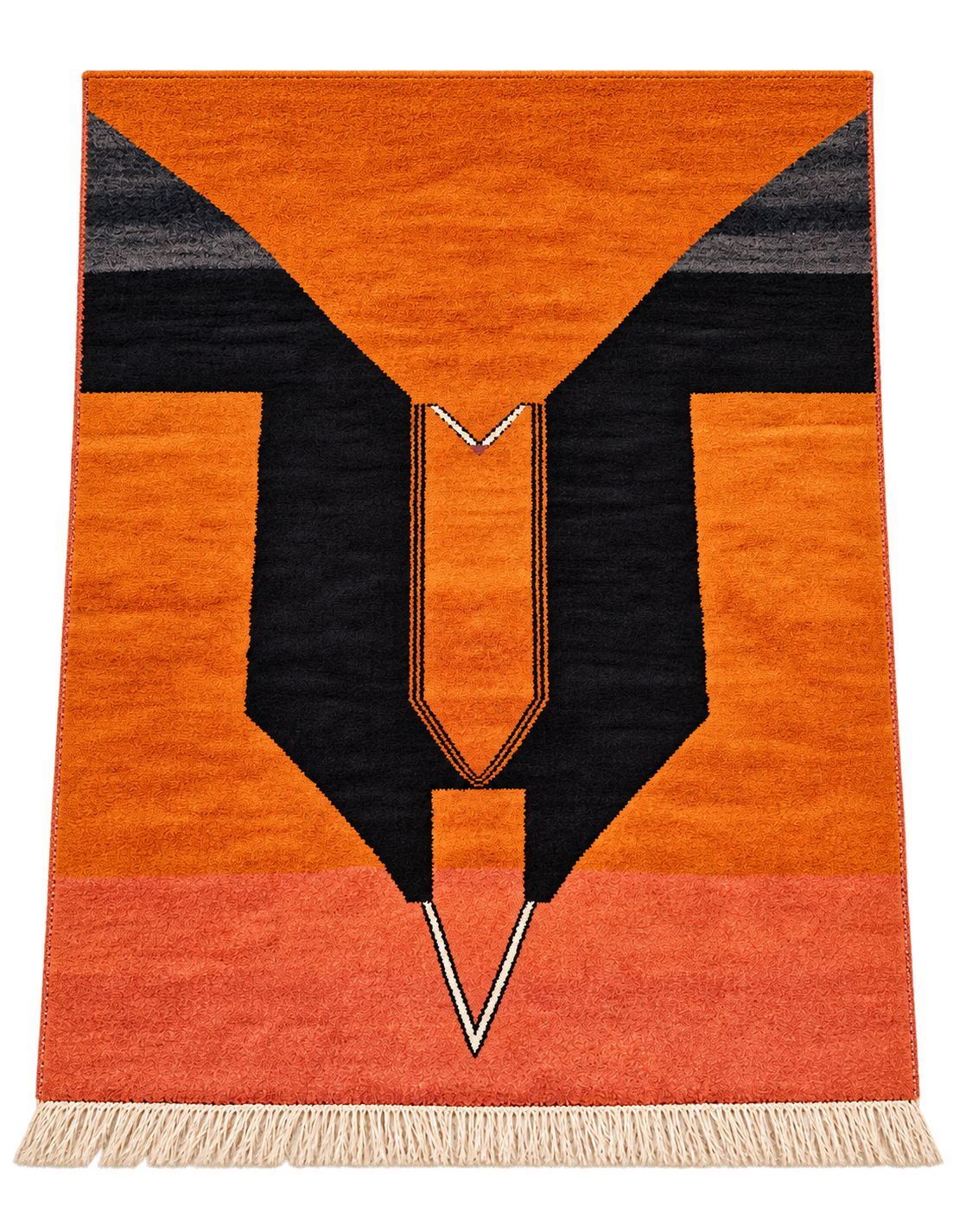 Full view of Terracotta and Black Moroccan Rug with Abstract Pattern, 392 × 303 cm.