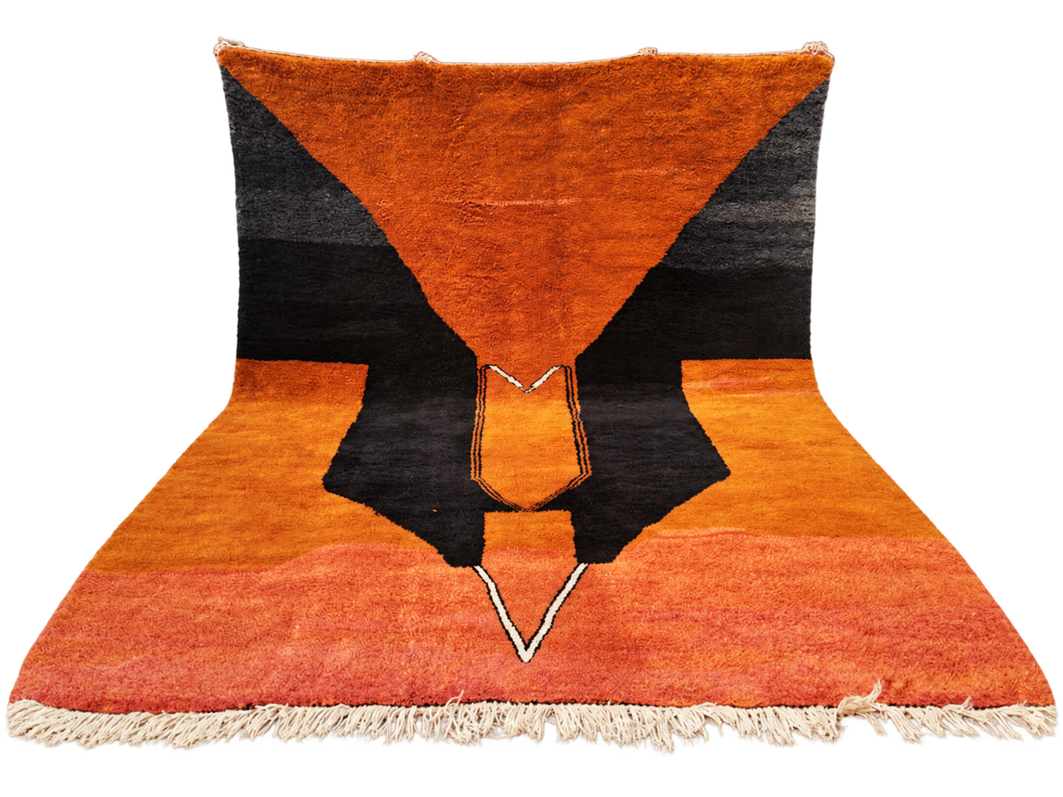 Detail of Terracotta and Black Moroccan Rug with Abstract Pattern, 392 × 303 cm.