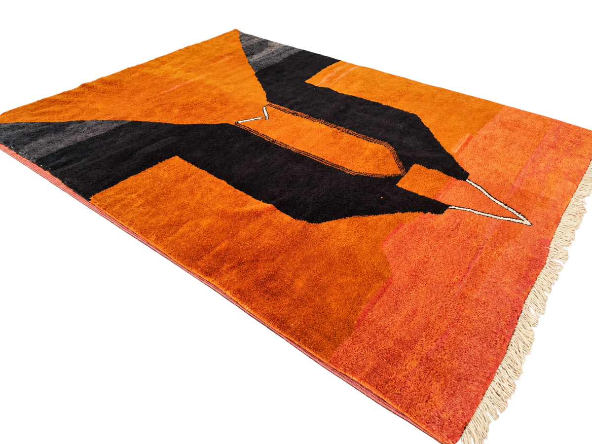 Detail of Terracotta and Black Moroccan Rug with Abstract Pattern, 392 × 303 cm.