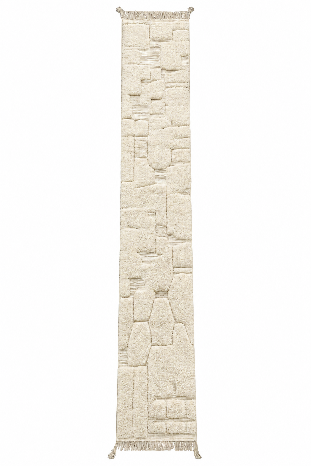 Full view of Natural White Moroccan Runner with Relief Pattern, 445 × 78 cm.