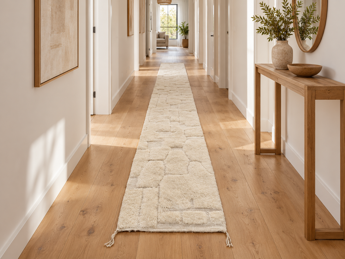 Room visualization featuring Natural White Moroccan Runner with Relief Pattern, 445 × 78 cm.