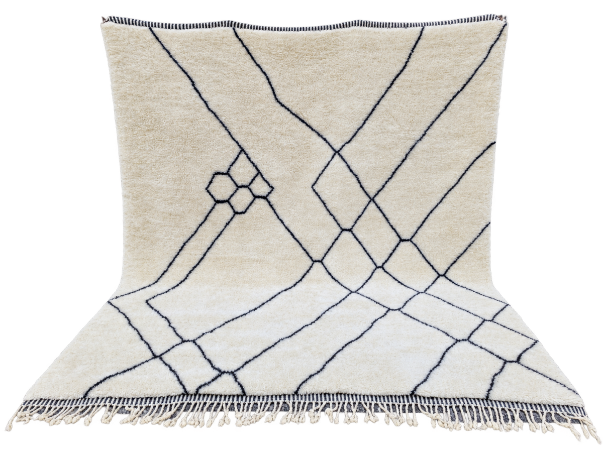 Detail of Natural White Beni Ourain Rug with Black Lines, 303 × 255 cm.