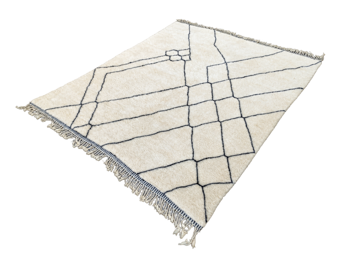 Detail of Natural White Beni Ourain Rug with Black Lines, 303 × 255 cm.