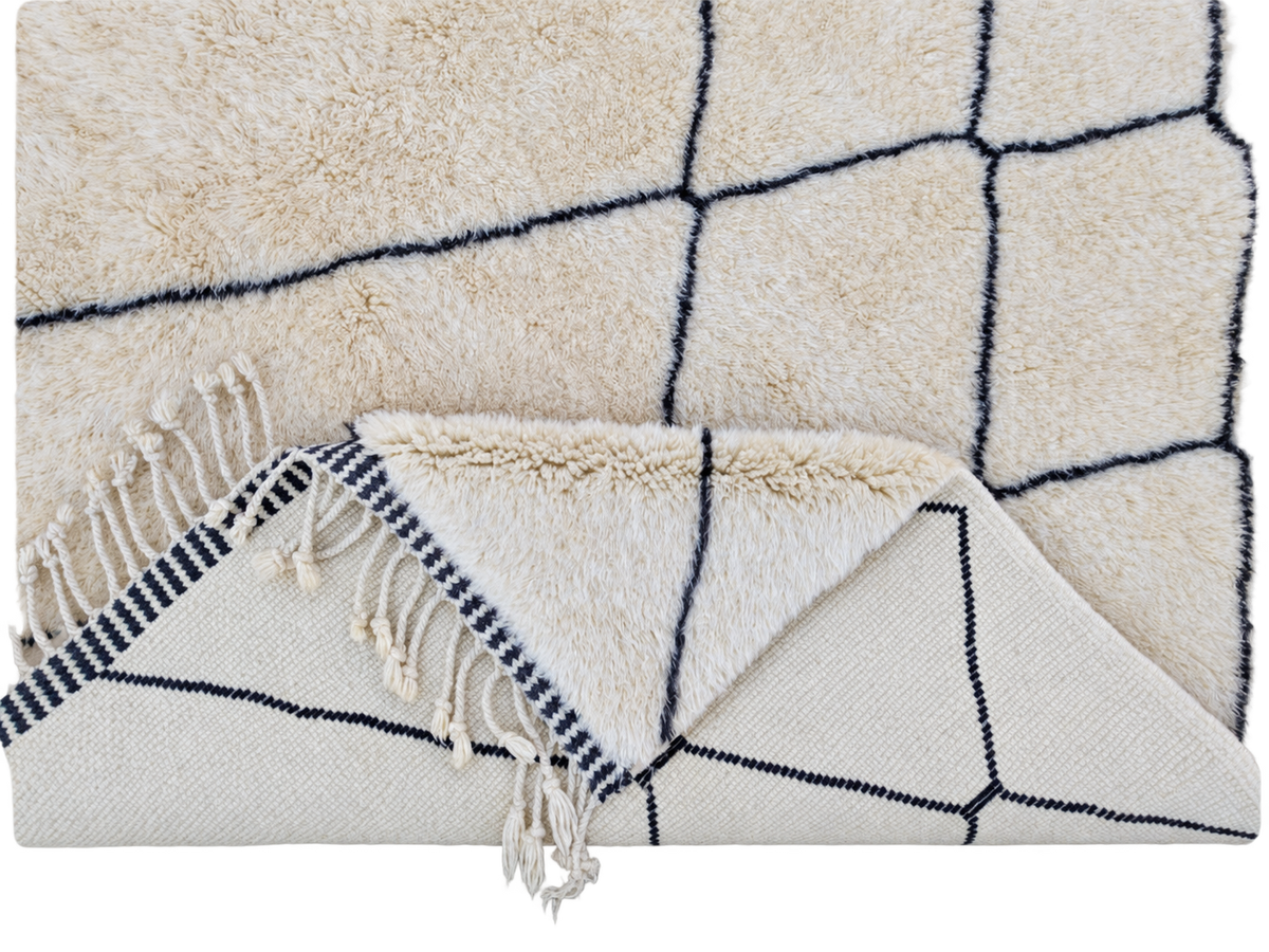 Detail of Natural White Beni Ourain Rug with Black Lines, 303 × 255 cm.