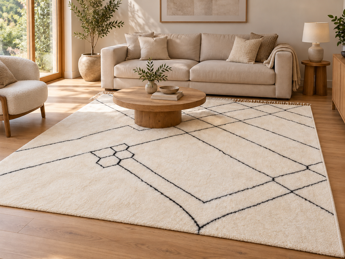 Room visualization featuring Natural White Beni Ourain Rug with Black Lines, 303 × 255 cm.