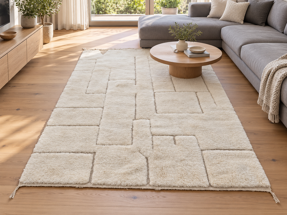 Room visualization featuring Cream and Taupe Beni Ourain Rug with Raised Lines, 311 × 207 cm.