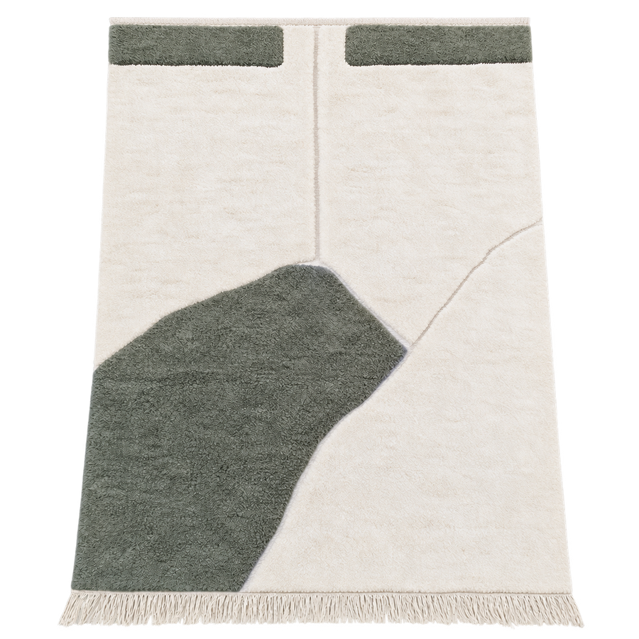 Full view of Cream and Green Mrirt Rug with Abstract Pattern, 312 × 245 cm.
