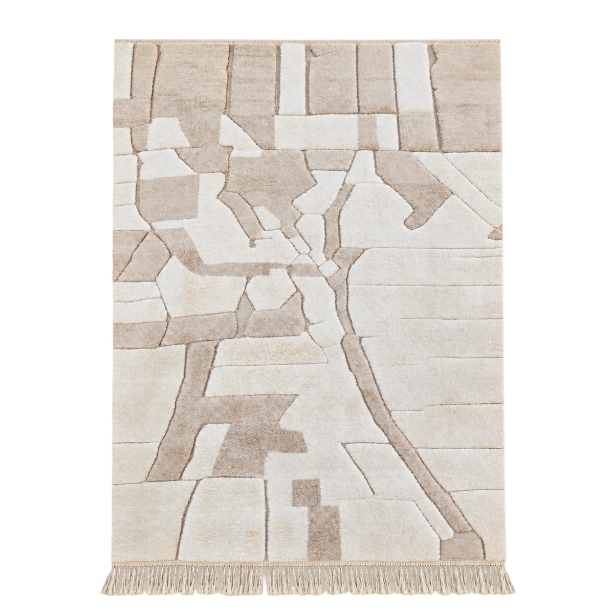 Full view of Beige and Taupe Beni Ourain Rug with Block Pattern, 426 × 303 cm.