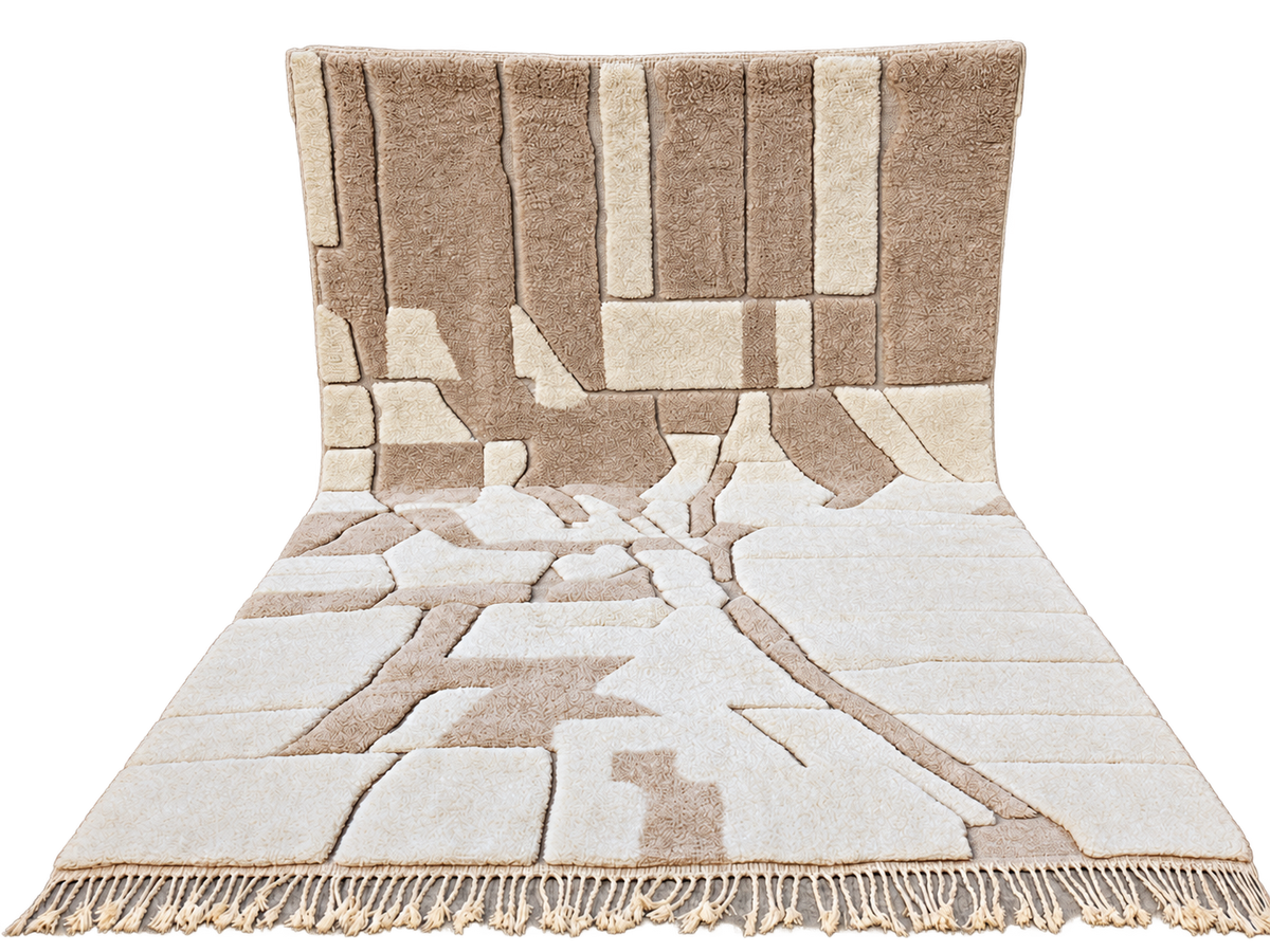 Detail of Beige and Taupe Beni Ourain Rug with Block Pattern, 426 × 303 cm.