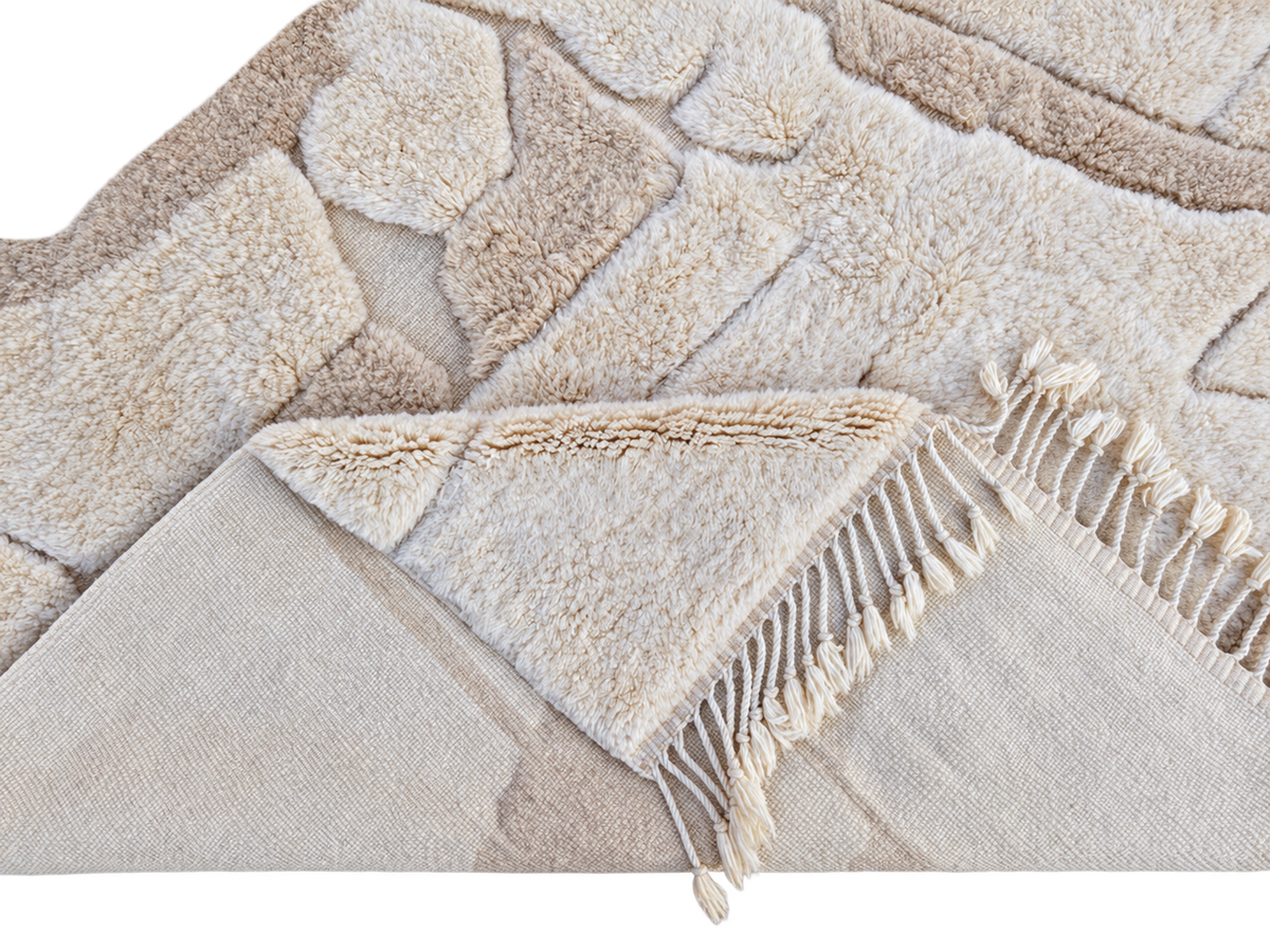Detail of Beige and Taupe Beni Ourain Rug with Block Pattern, 426 × 303 cm.