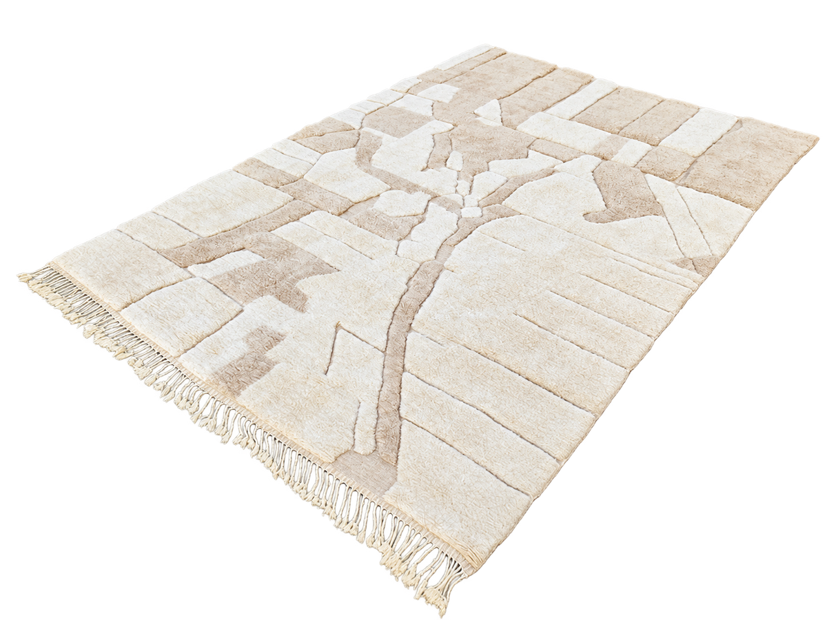 Detail of Beige and Taupe Beni Ourain Rug with Block Pattern, 426 × 303 cm.