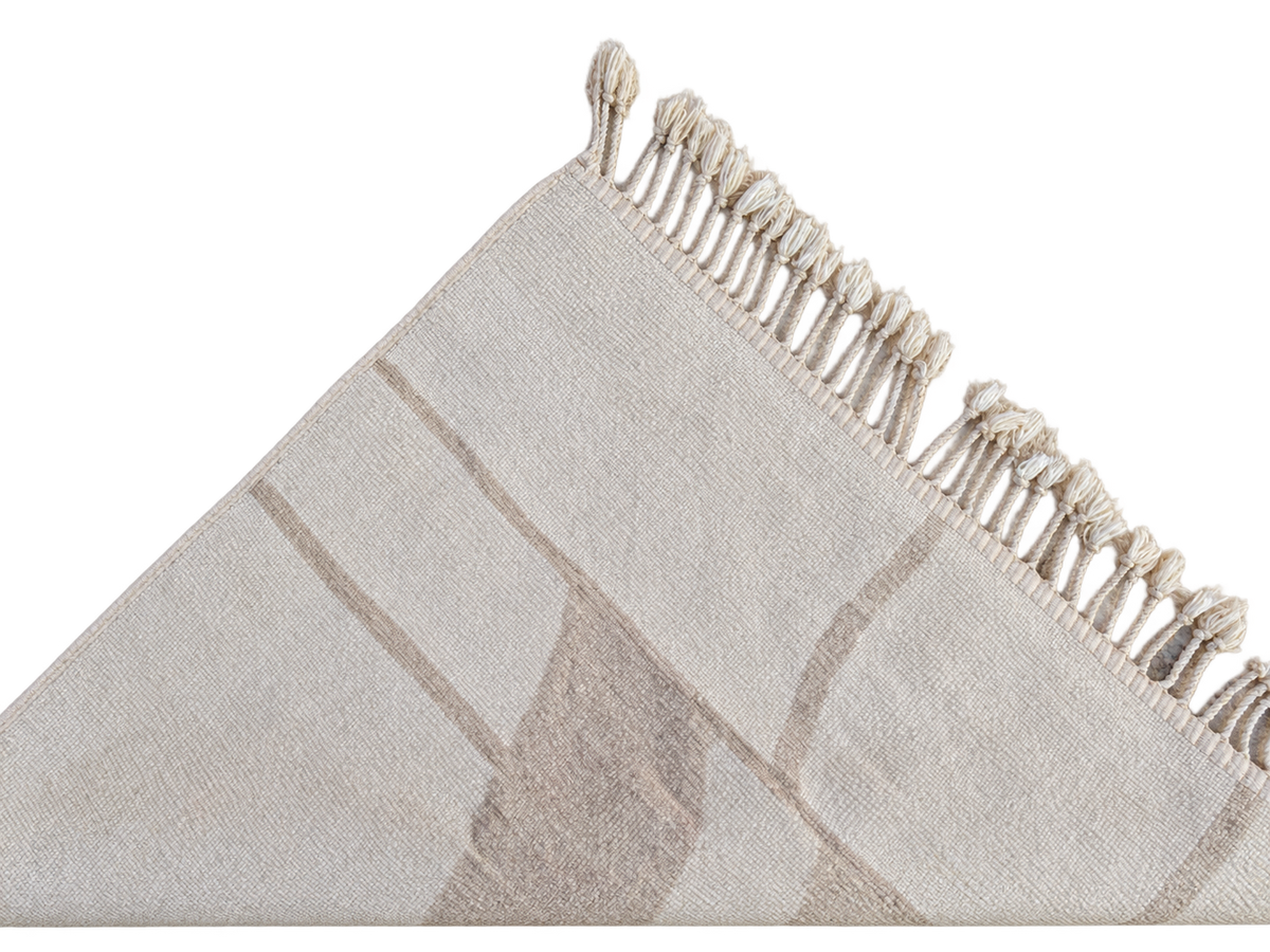 Detail of Beige and Taupe Beni Ourain Rug with Block Pattern, 426 × 303 cm.