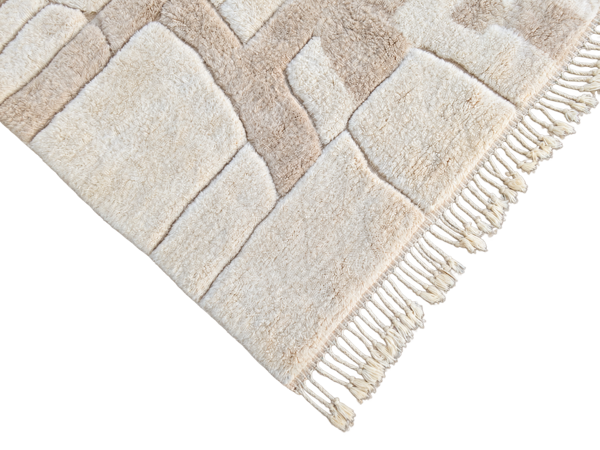 Detail of Beige and Taupe Beni Ourain Rug with Block Pattern, 426 × 303 cm.