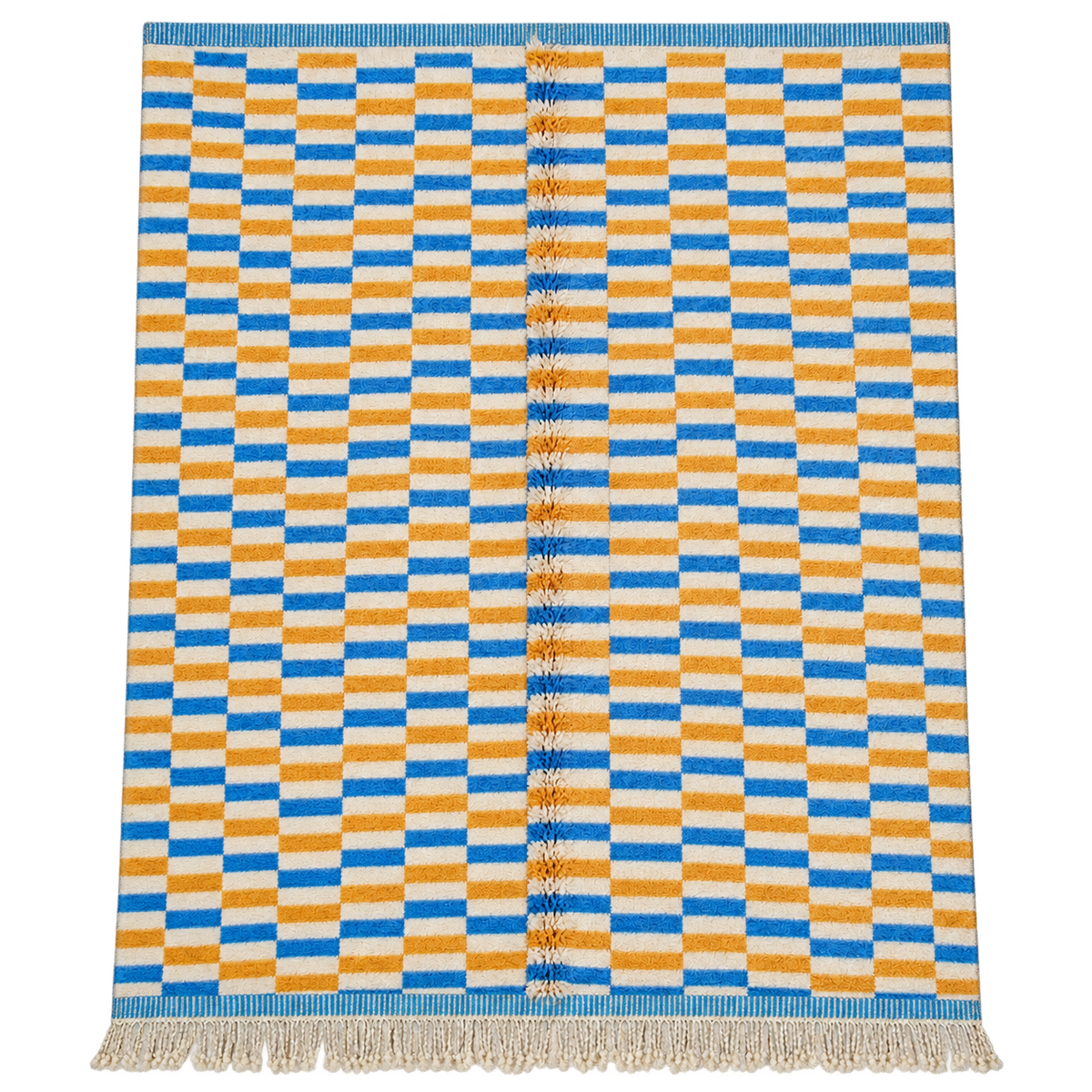 Full view of White, Mustard, and Blue Moroccan Rug with Checks, 305 × 235 cm.