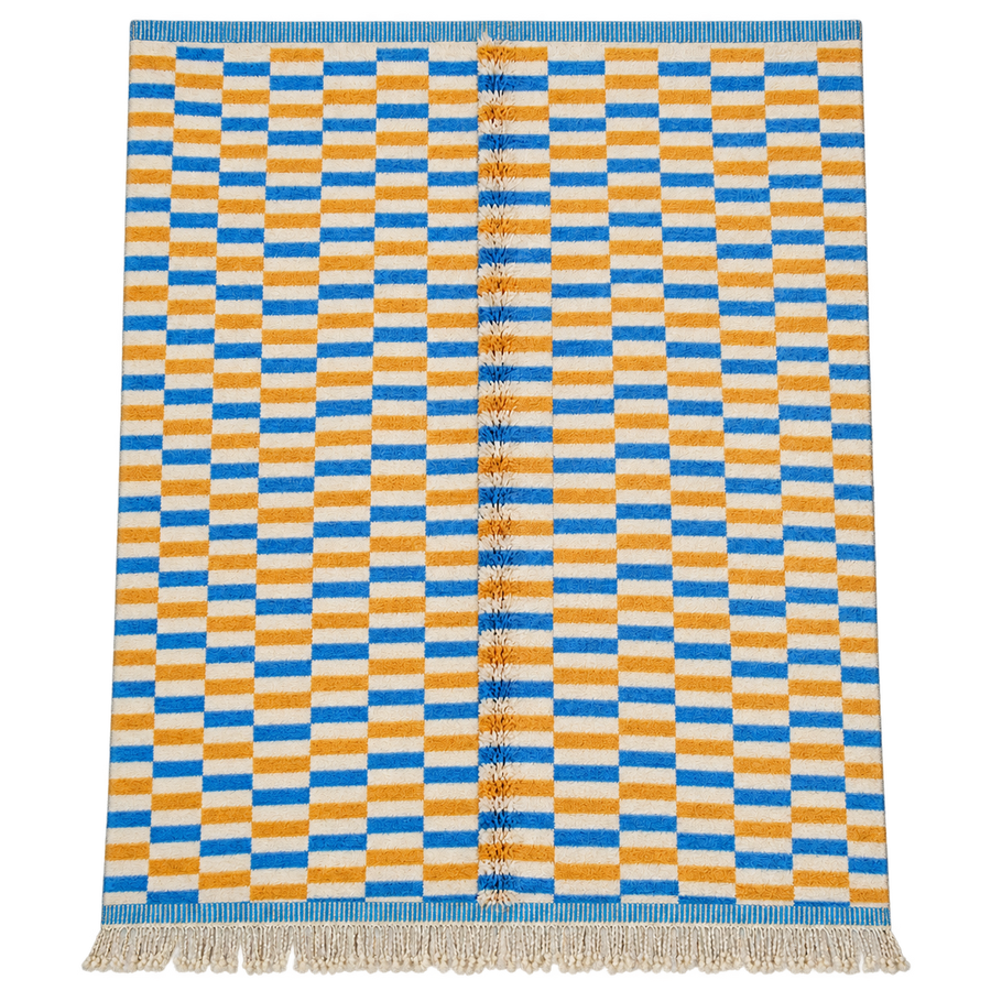 Full view of White, Mustard, and Blue Moroccan Rug with Checks, 305 × 235 cm.