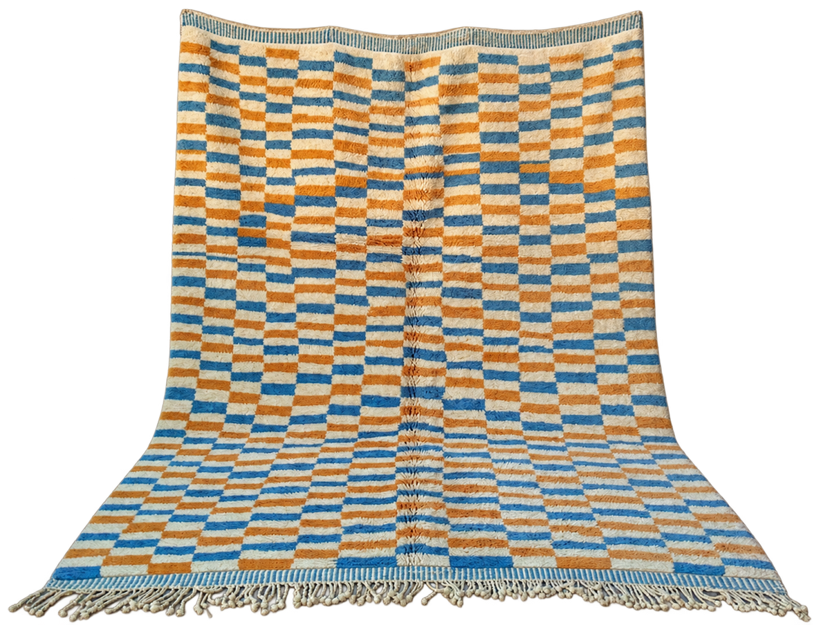 Detail of White, Mustard, and Blue Moroccan Rug with Checks, 305 × 235 cm.