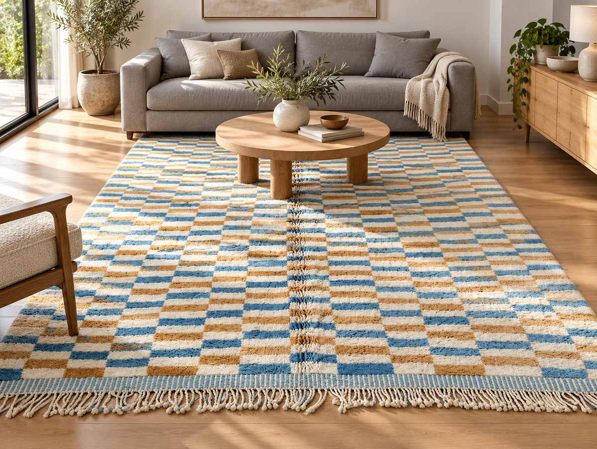 Room visualization featuring White, Mustard, and Blue Moroccan Rug with Checks, 305 × 235 cm.