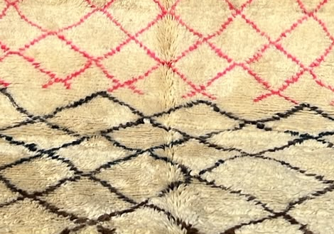 Detail of Cream Moroccan Rug with Black and Pink Diamonds, 290 × 190 cm.