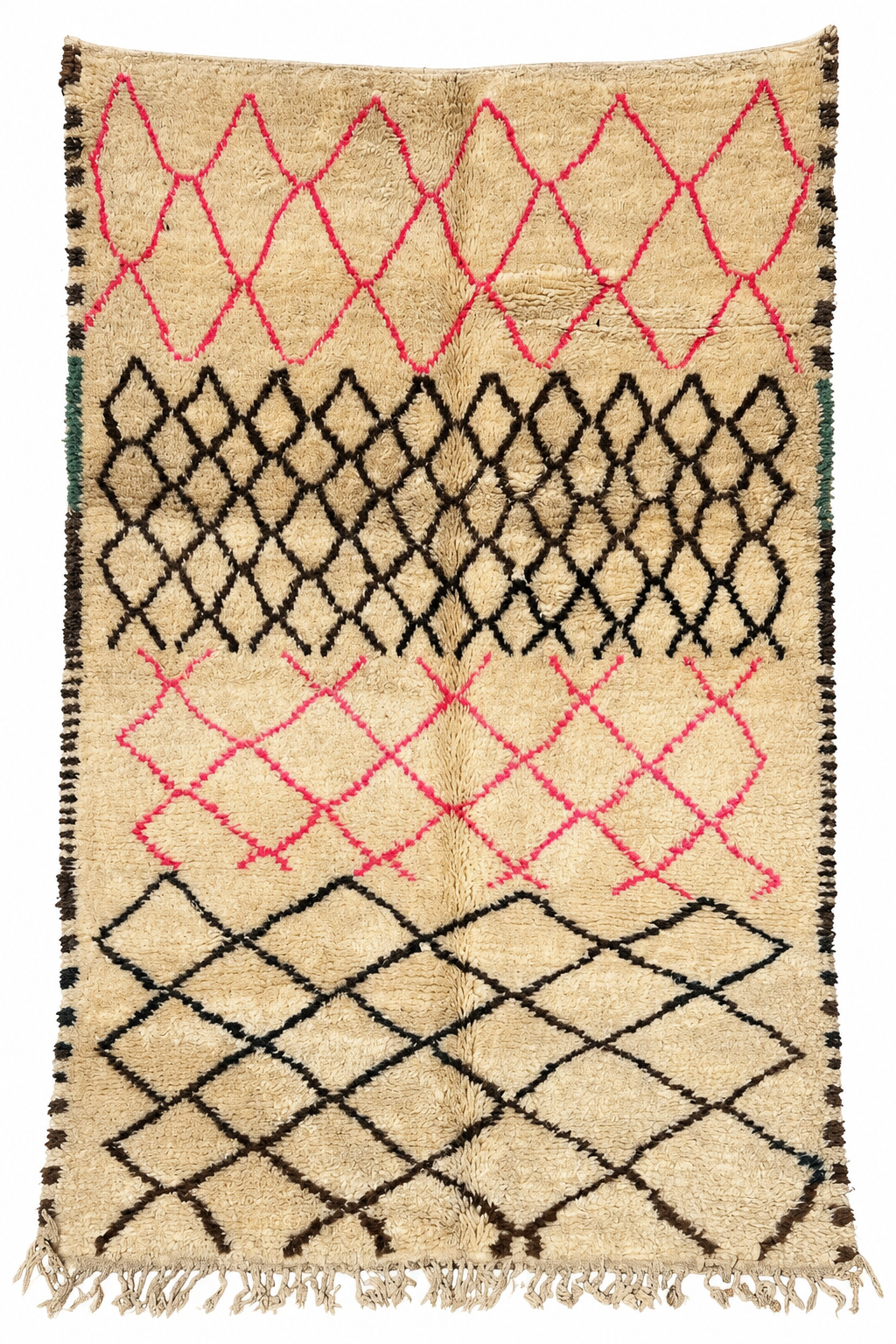 Cream Moroccan Rug with Black and Pink Diamonds, 290 × 190 cm.