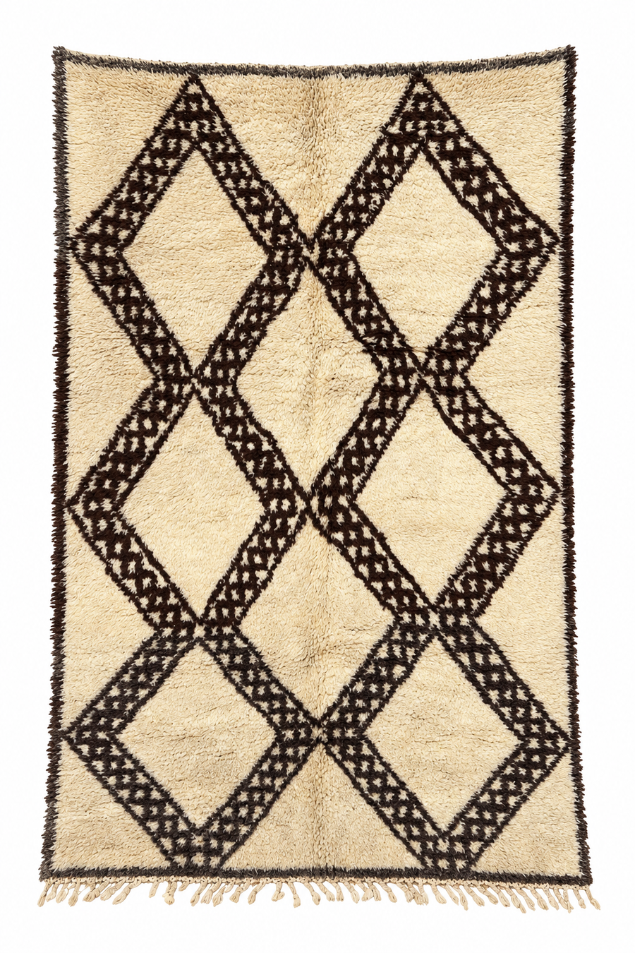 Cream Beni Ourain Rug with Broad Black Diamonds, 240 × 160 cm.