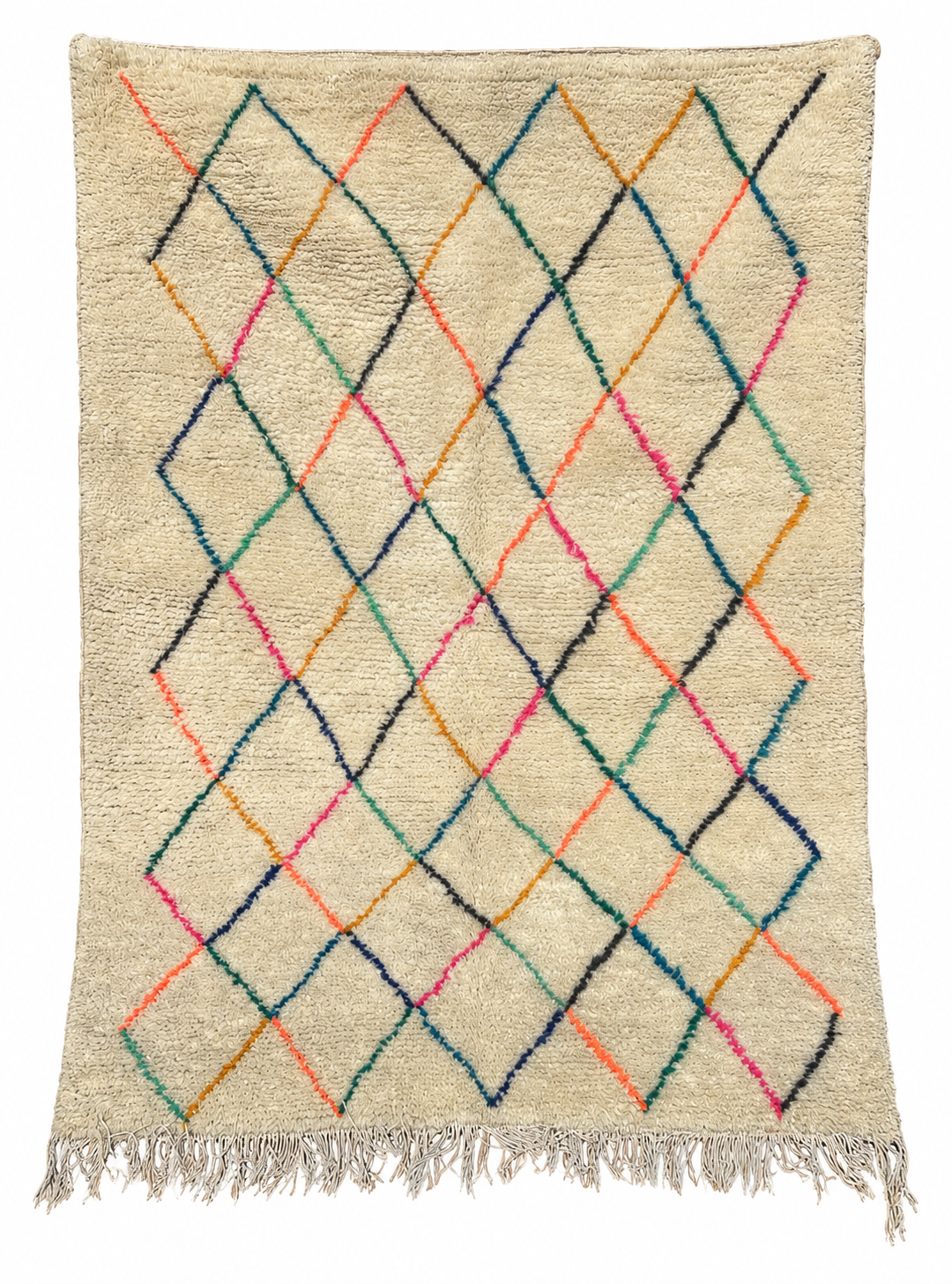 Small Cream Moroccan Rug with Colorful Diamond Grid, 160 × 110 cm.