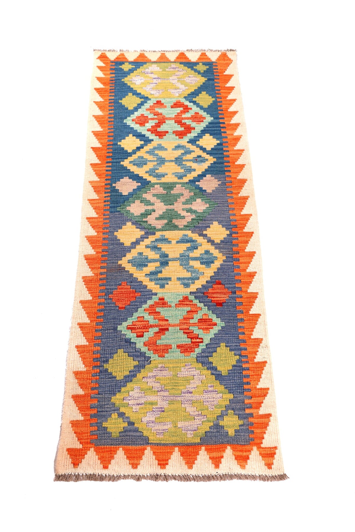 Blue and Orange Medallion Kilim Runner, 198 × 64 cm — detail 1