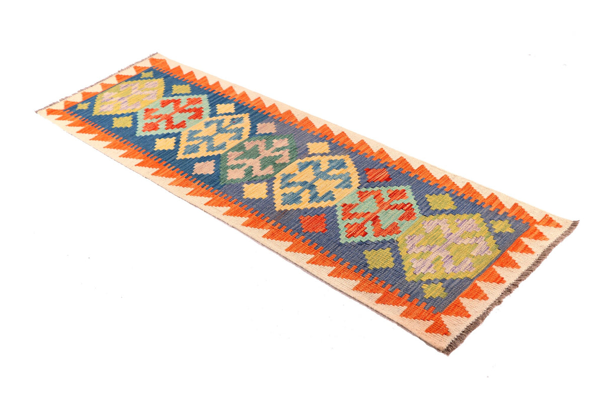 Blue and Orange Medallion Kilim Runner, 198 × 64 cm — detail 2