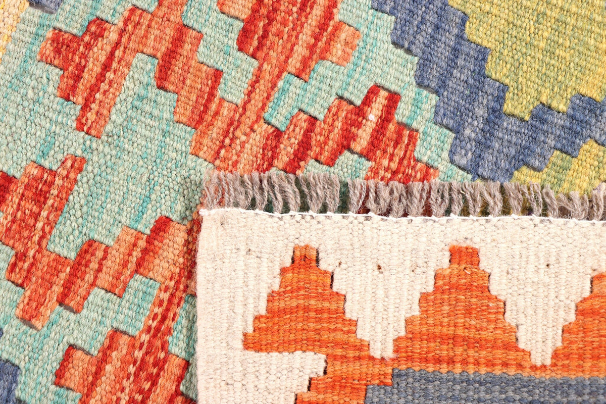Blue and Orange Medallion Kilim Runner, 198 × 64 cm — detail 3