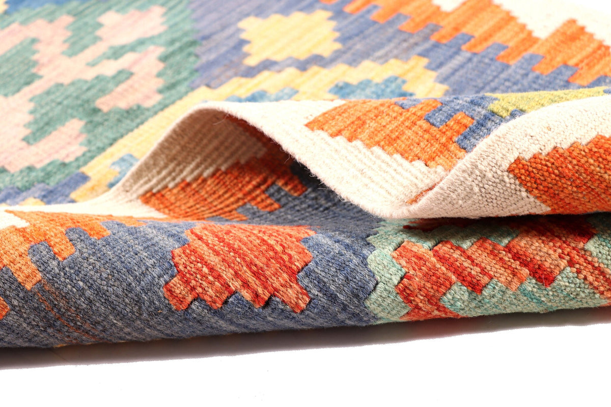 Blue and Orange Medallion Kilim Runner, 198 × 64 cm — detail 4