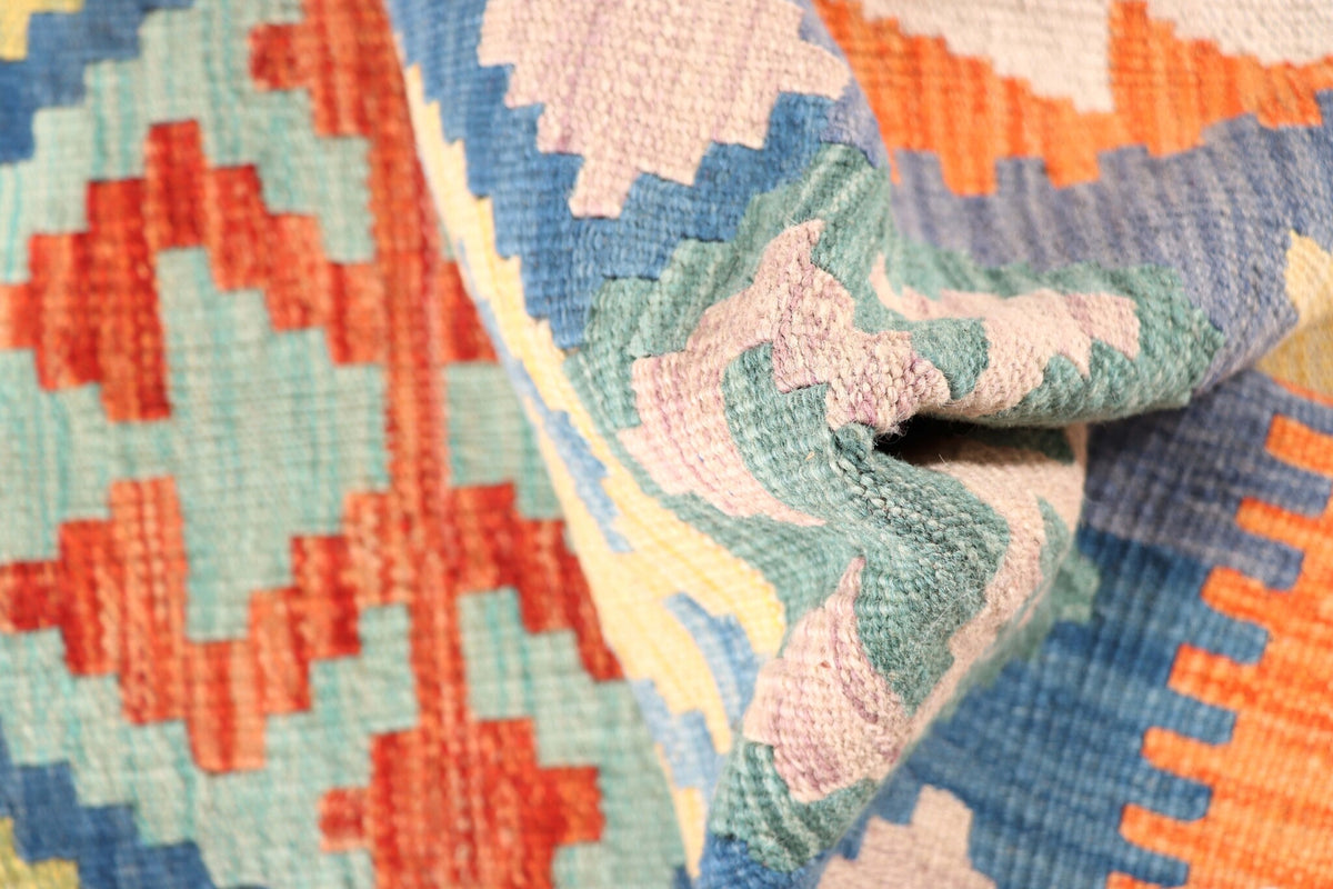 Blue and Orange Medallion Kilim Runner, 198 × 64 cm — detail 5