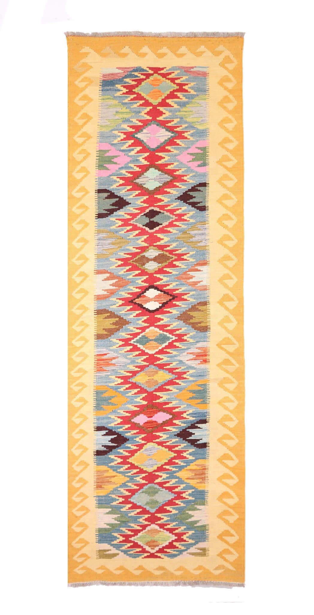 Yellow Kilim Runner with Colorful Diamonds, 302 × 83 cm — full view