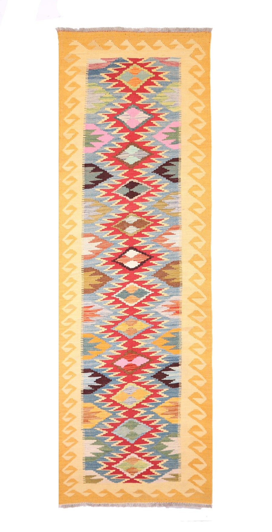 Yellow Kilim Runner with Colorful Diamonds, 302 × 83 cm — full view