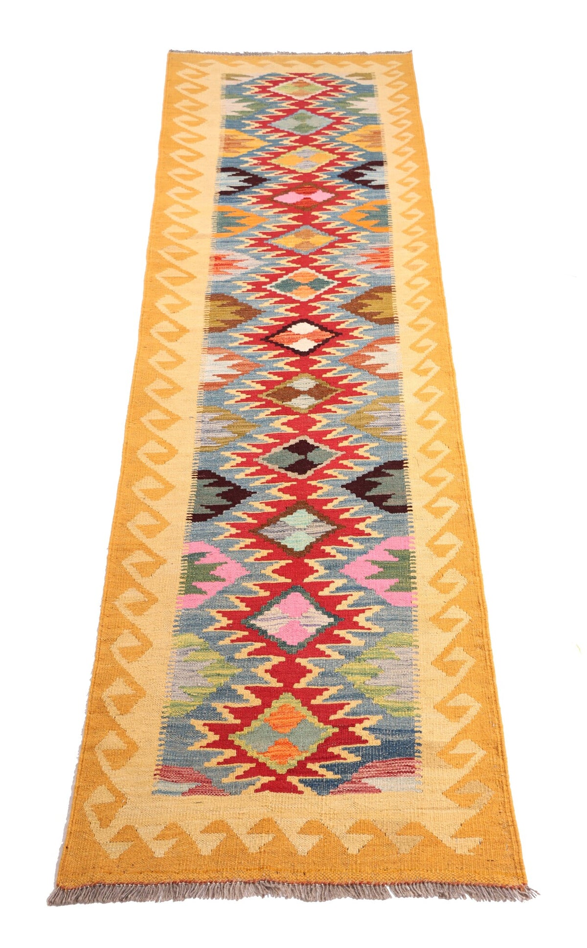 Yellow Kilim Runner with Colorful Diamonds, 302 × 83 cm — detail 1