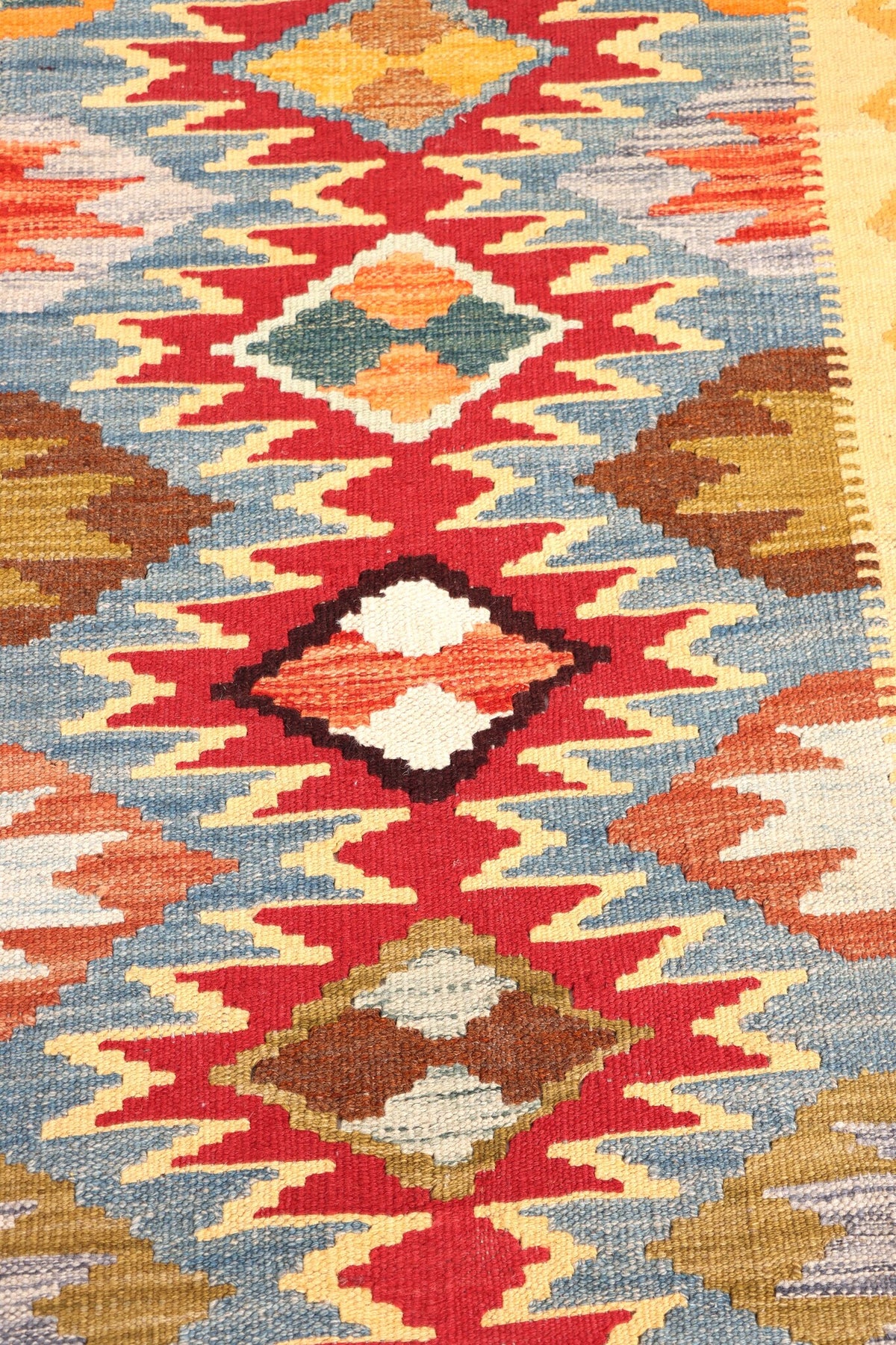 Yellow Kilim Runner with Colorful Diamonds, 302 × 83 cm — detail 2