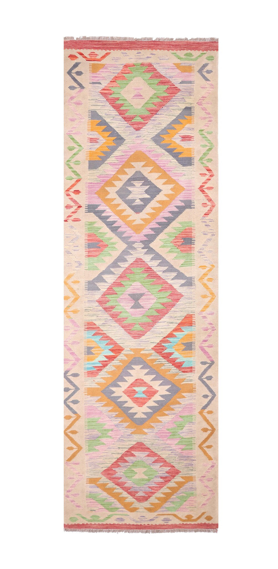 Light Kilim Runner with Colorful Diamonds, 302 × 80 cm — full view