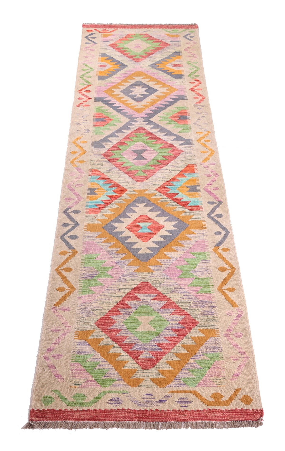 Light Kilim Runner with Colorful Diamonds, 302 × 80 cm — detail 1