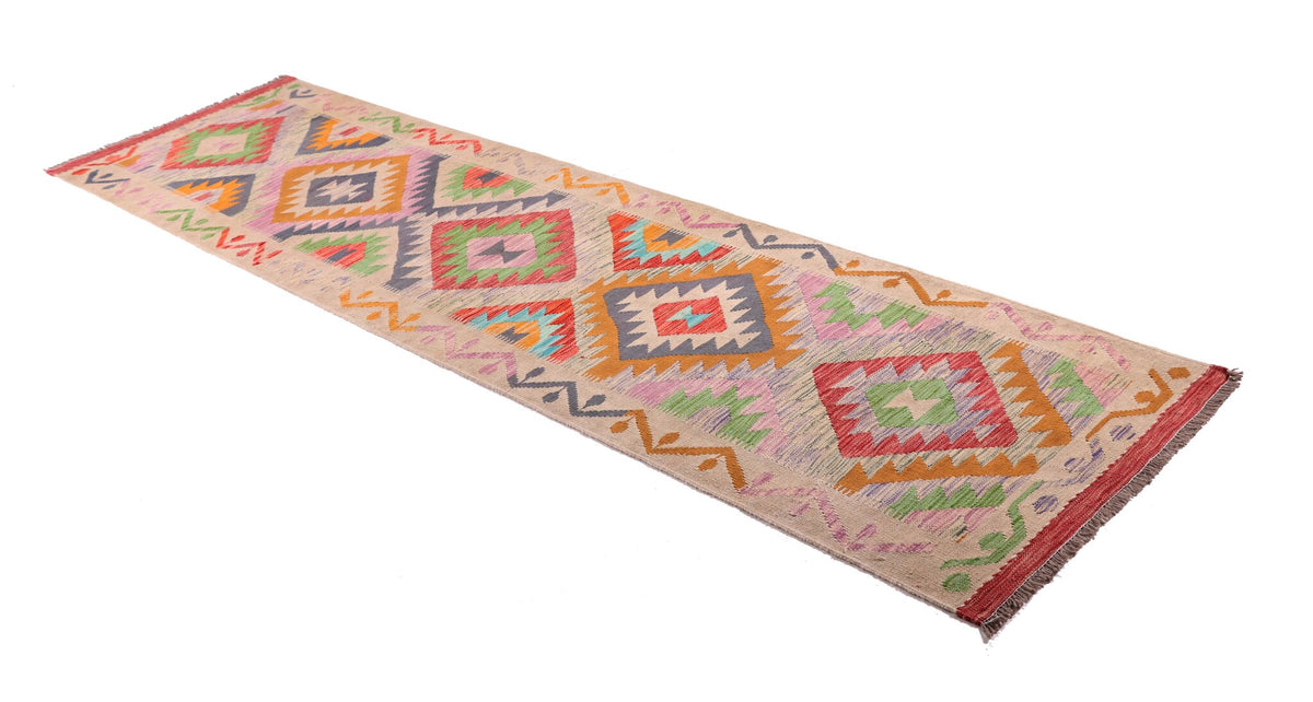 Light Kilim Runner with Colorful Diamonds, 302 × 80 cm — detail 2